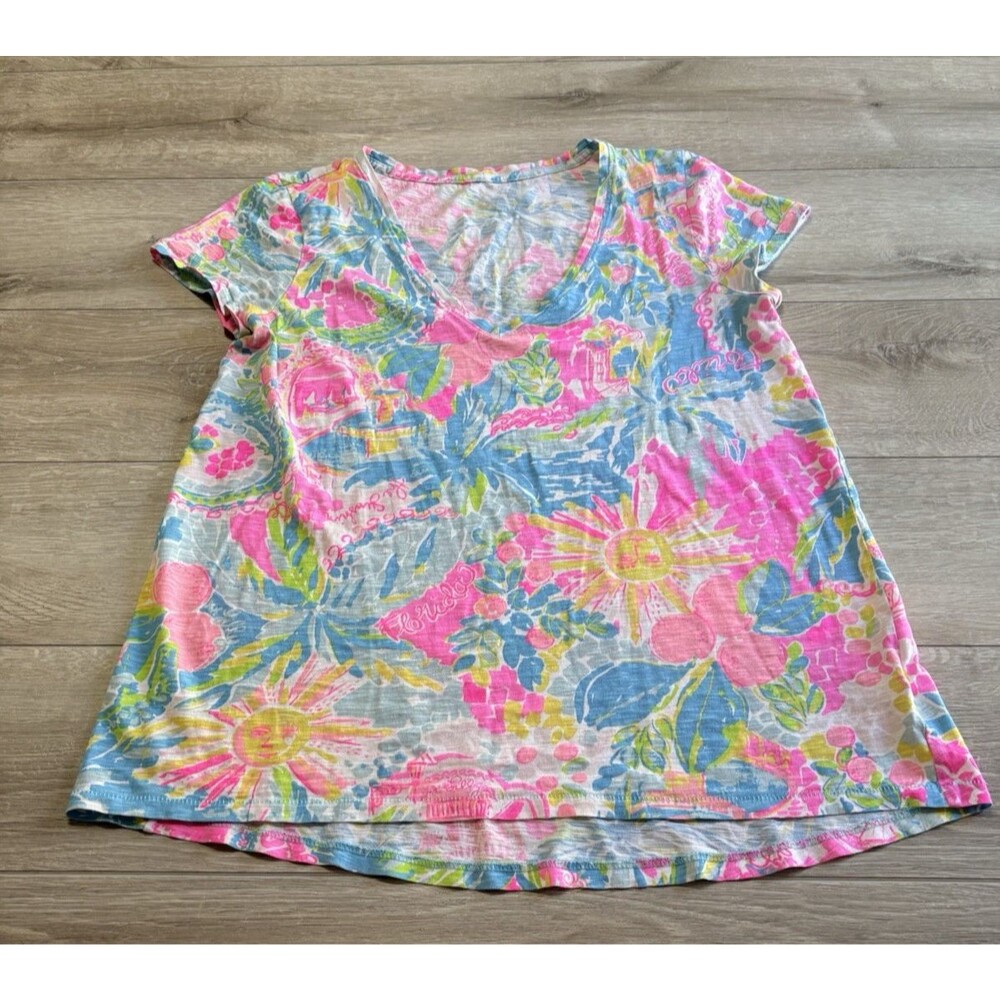 Lilly Pulitzer Love Florida Pink, Blue, Yellow Green V Neck Hi Lo Cap Sleeve T S